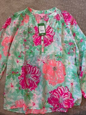 Lilly Pulitzer Mint Tunic with Hot Pink & Coral Floral Print